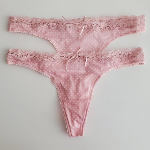 Pink Polka Dot 3 Piece Lace Trim Bra & Thong Bundle | Like New | 32D, Small - Picture 10 of 13